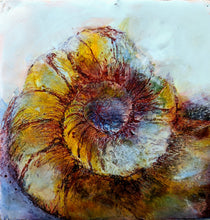 Load image into Gallery viewer, Fossil Drawing in Encaustic 4&quot;×4&quot; Ammonite3
